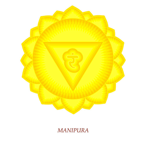 trzecia czakra manipuru. czakra splotu słonecznego z hinduskim sanskrytem. żółty jest płaskim symbolem medytacji, jogi. wektor - swastyka hinduska stock illustrations