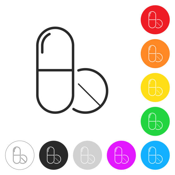 таблетки - медицинские препараты. плоские иконки на кнопках разных цветов - nutritional supplement vitamin pill pill ecstasy pill stock illustrations