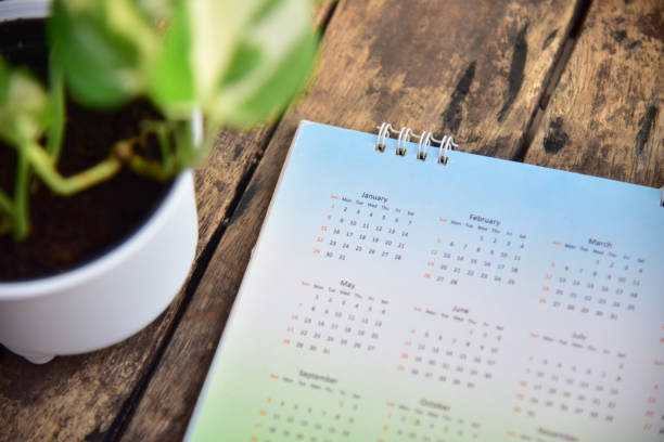 istock White calendar with plants on wood table in planning concept. 1345802597