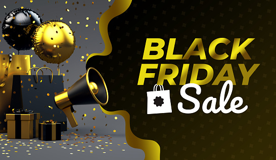 Black Friday sale gold and black flyer background with megaphone and lettering text in realistic 3D rendering. Special offer and online shopping concept.