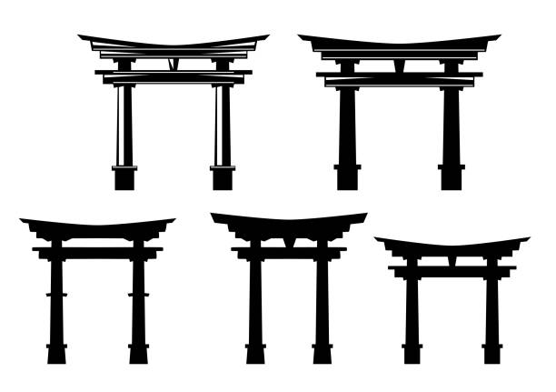 japanese shinto torii gate black and white vector design set traditional japanese torii gate entrance to shinto shrine - black and white vector outline and silhouette design set shinto stock illustrations