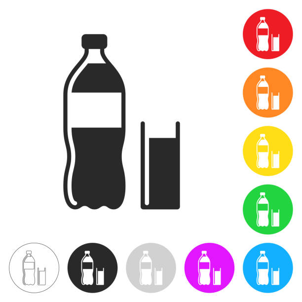 Bottle and glass of soda. Flat icons on buttons in different colors Icon of "Bottle and glass of soda" isolated on white background. Includes 9 buttons with a flat design style for your design, in different colors (red, orange, yellow, green, blue, purple, gray, black, white, line art), each icon is separated on its own layer. Vector Illustration (EPS10, well layered and grouped). Easy to edit, manipulate, resize or colorize. Vector and Jpeg file of different sizes. soda bottle stock illustrations