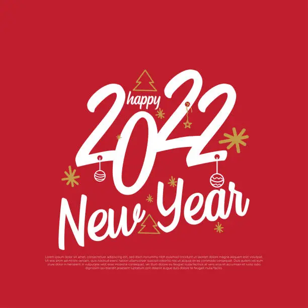 Vector illustration of Happy new year 2022 logo text design. design template, card, banner, flyer, web, poster. Gold stars on red background