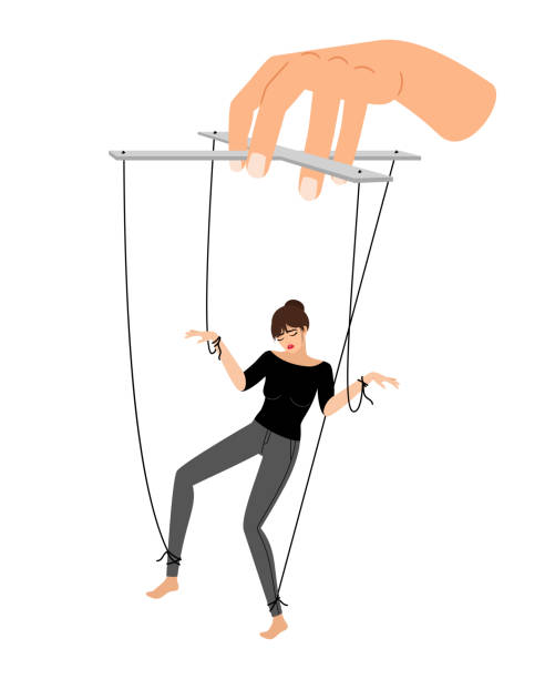 illustrazioni stock, clip art, cartoni animati e icone di tendenza di burattino della ragazza. donna controllo violenza, marionette manipolazione della mano, persone abusate illustrazione vettoriale, patriarcato dictat concetto isolato su sfondo bianco - patriarchy