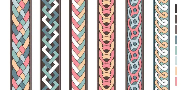 Vector illustration of Braid lines. Wicker borders, colored knoted patterns, braided intertwined ropes, vector twist striped ornaments, curly braiding line strings vector set isolated on white