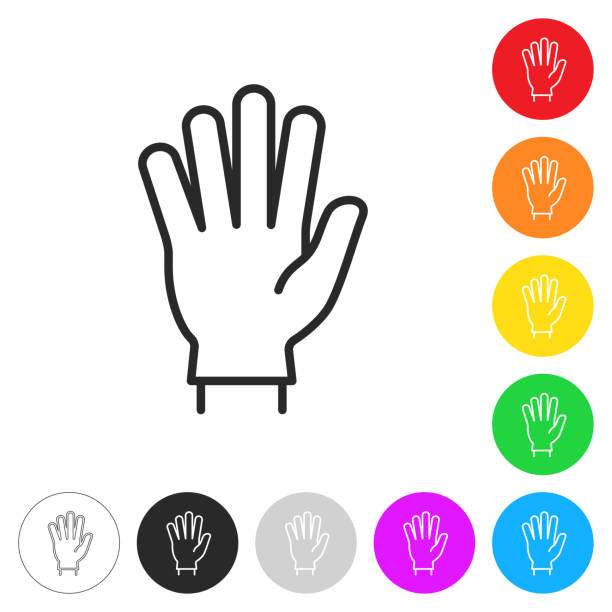 защитная резиновая перчатка. плоские иконки на кнопках разных цветов - hand in latex glove stock illustrations