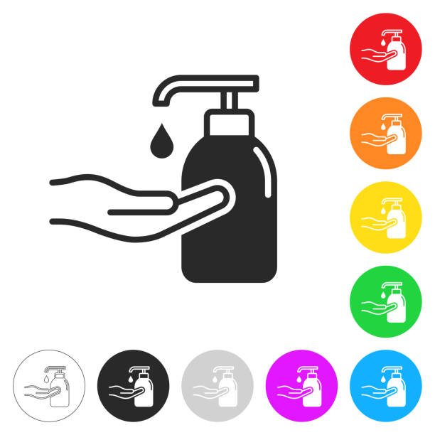 illustrations, cliparts, dessins animés et icônes de utilisation de désinfectant pour les mains pour la désinfection. icônes plates sur des boutons de différentes couleurs - antibacterial washing hands washing hygiene