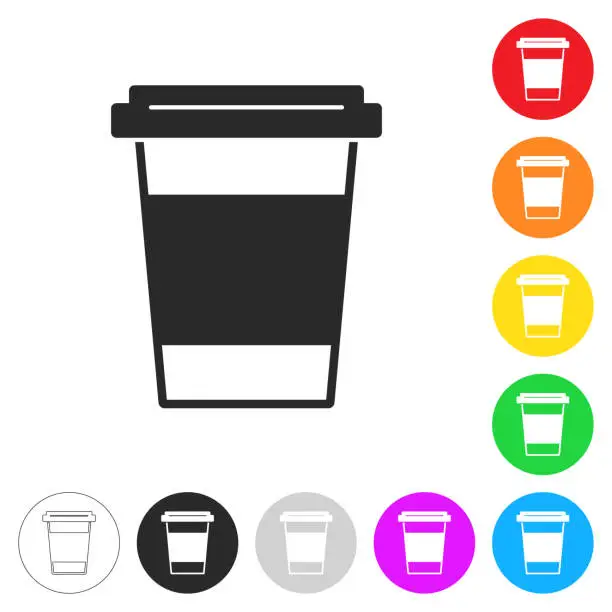 Vector illustration of Disposable cup. Flat icons on buttons in different colors