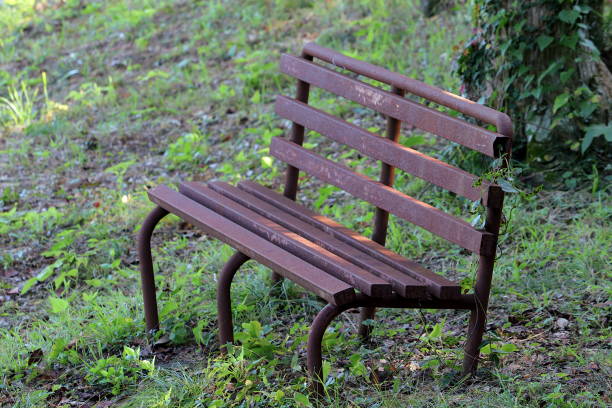 istock An old iron bench that is entirely rusted in reddish brown 1345805606