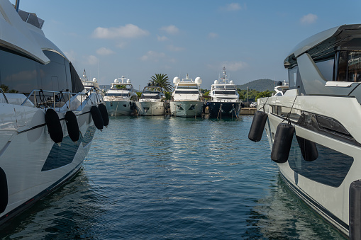 Puerto Portals, Spain; october 02 2021: General view of the touristic resort of Puerto Portals on the island of Mallorca. Marina with luxury yachts moored