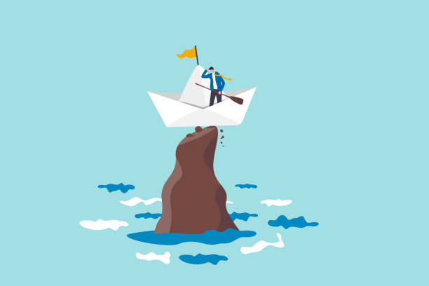 ilustrações de stock, clip art, desenhos animados e ícones de life or business stuck, struggle with problem or obstacle, error, mistake or failure cause hopeless situation, business difficulty concept, hopeless businessman stuck on shipwrecked on high rock cliff - star nautical vessel one person direction