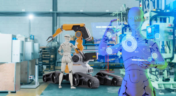 istock Computer aided manufacturing M2M automation technology industry 4.0, 3D robot working in factory, Future digital technology AI artificial intelligence in industrial factory production line concept. 1345809543