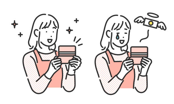 A woman who is happy or depressed when she looks at her bankbook A woman who is happy or depressed when she looks at her bankbook solvency stock illustrations