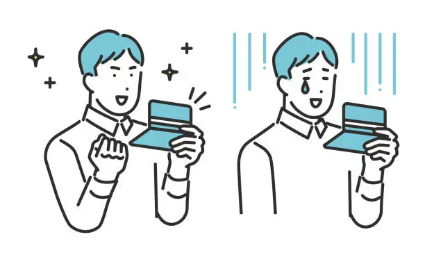 Vector illustration of A men who is happy or depressed when she looks at her bankbook