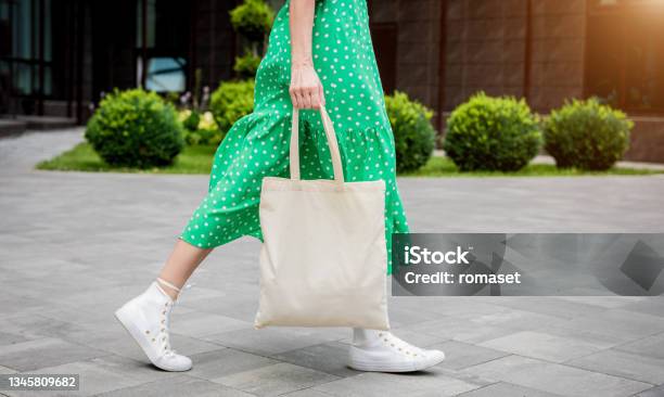 Young Beautyful Woman With Linen Eco Bag On City Background Stock Photo - Download Image Now