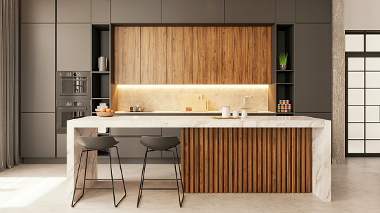 Modern apartment kitchen interior. Large marble kitchen countertop, bar stools, concrete floor and glass door in the background. Copy space template. Render.