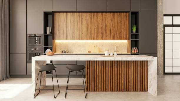 modern apartment kitchen interior - cozinha imagens e fotografias de stock