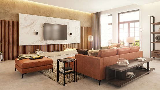 Modern apartment living room interior. Leather sofa, shelves, coffee table, cushion, vase, TV screen, marble panel, wooden wall and window. Copy space template. Render.