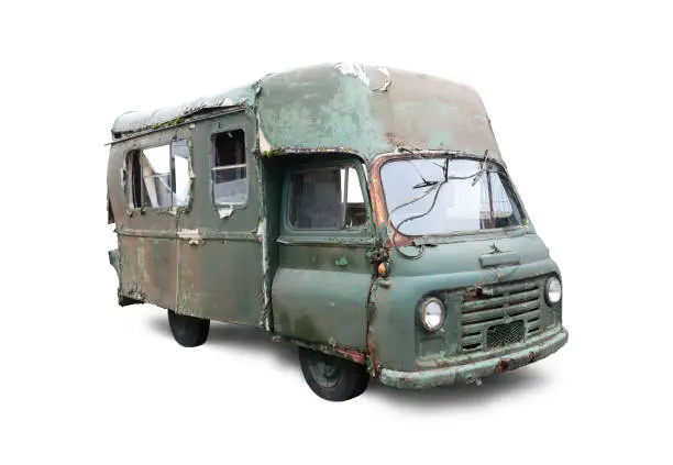 Photo of Old motor home green van isolated on white