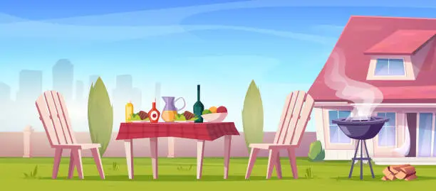 Vector illustration of Outdoor picnic on sunny summer day. Relax zone with barbecue and set table with food and drinks, chairs. Country house