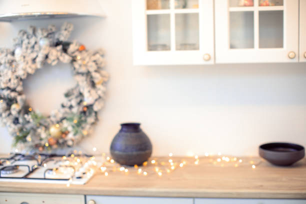 istock blurred background og  kitchen with lights for  christmas and new year 1345813949