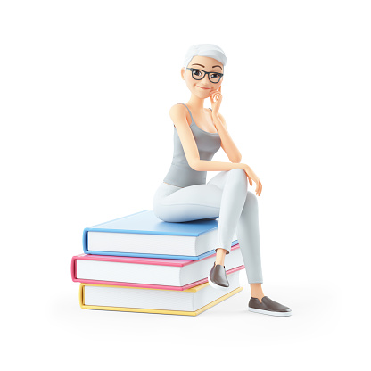 3d senior woman sitting on books, illustration isolated on white background