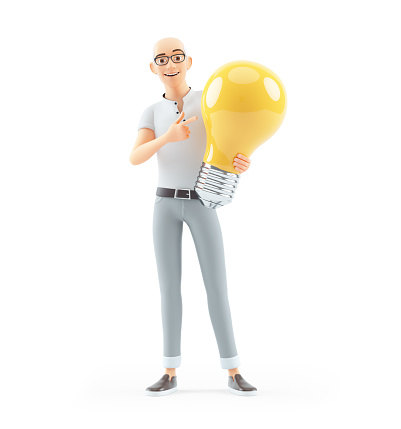 3d senior man pointing at big light bulb, illustration isolated on white background