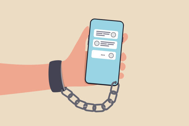 ilustrações de stock, clip art, desenhos animados e ícones de nomophobia or no mobile phone phobia, smartphone and social media addicted or fear of missing out concept, young people with handcuff chained with mobile phone with chat and social media applications. - prison cell