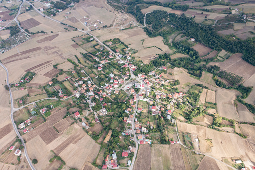 Aerial view of village and farm field in black sea part of Turkey. Samsun.