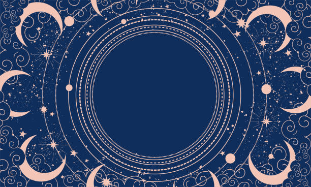blauer mystischer hintergrund mit sternen, wolken und umlaufbahnen mit platz für text. himmlischer boho-hintergrund mit kopierraum. vektorbanner für astrologie, tarot, wahrsagerei. - astronomie stock-grafiken, -clipart, -cartoons und -symbole