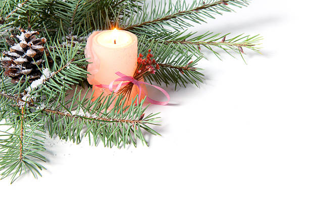 branch of Christmas tree with candle and  pinecone stock photo