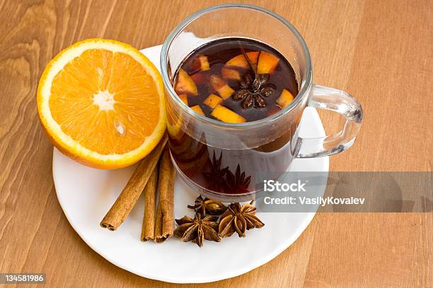 Christmas Hot Wine With Oranges On Wooden Table Stock Photo - Download Image Now - Alcohol - Drink, Anise, Arrangement