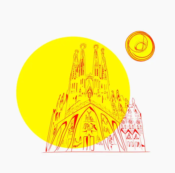 Vector illustration of Sagrada Familia famous cathedral in Barcelona in linear style with big yellow sun