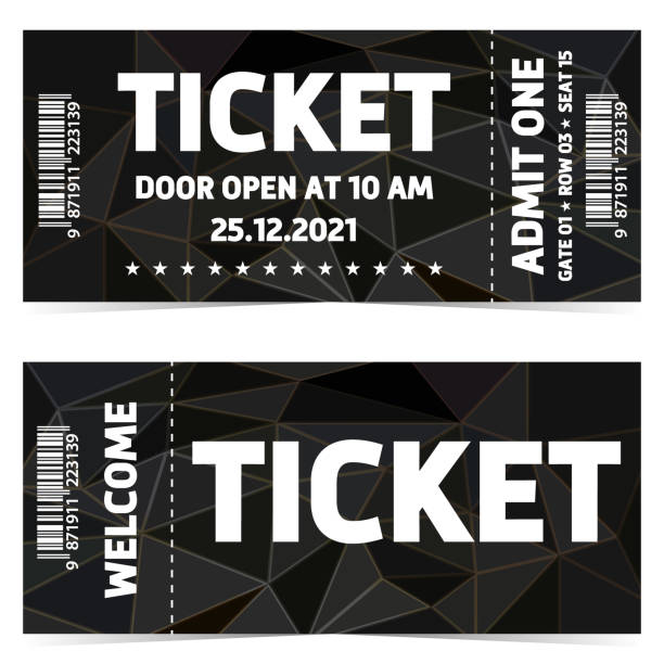 Two tickets. Realistic admission pass template. Two black ticket pass, admit one for concert, party, cinema, theatre with golden text, letters and barcode. Vector illustration for advertising, promotion, banner, poster. ticket stock illustrations