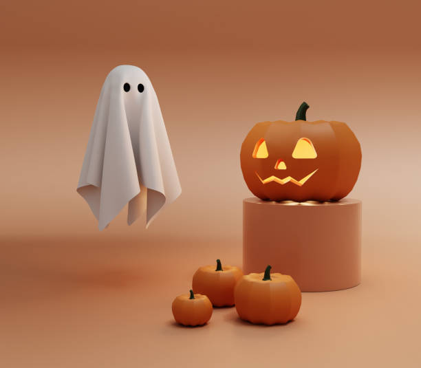 istock Pumpkin and ghost on Halloween Day 1345824546