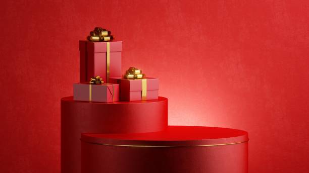 istock 3d render, abstract Christmas festive background. Stack of red gift boxes with golden ribbon bows. Showcase scene with empty stage podium for product presentation. Holiday sale 1345825939