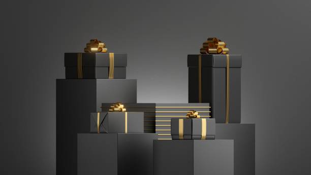 istock 3d render, abstract festive background. Black friday concept. Stack of black gift boxes with golden ribbon bows. Showcase scene with empty pedestal for product presentation 1345825973
