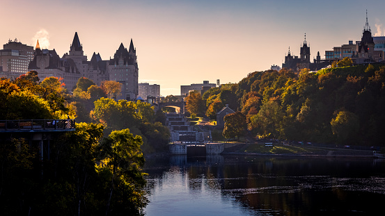 view of the Rideau Canal in Ottawa, in the early morning with the Château Laurier. in autumn