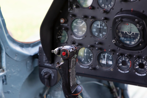 Control of a helicopter with a joystick close-up