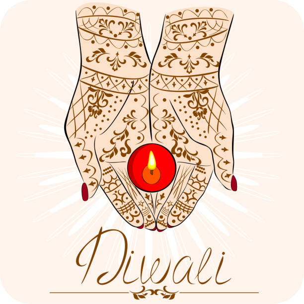 ilustrações, clipart, desenhos animados e ícones de mãos femininas com desenhos de henna. mehendi em armas em homenagem a diwali - henna tattoo