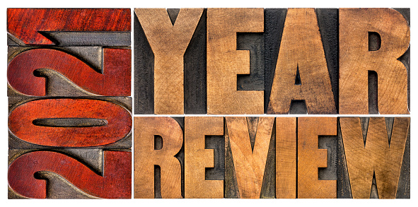 2021 year review banner - annual review or summary of the recent year - isolated word abstract in letterpress wood type blocks, business and financial concept