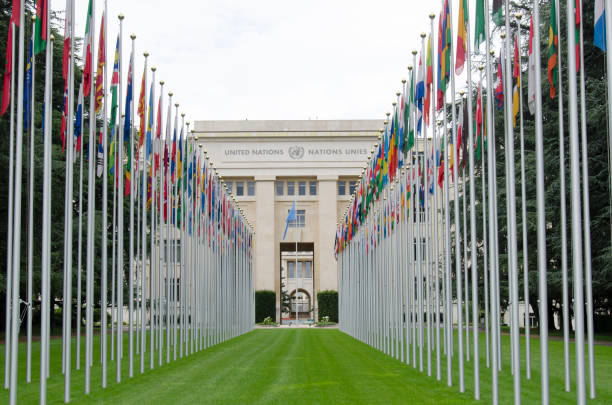 Entrada de las Naciones Unidas en Ginebra (Suiza) - foto de stock