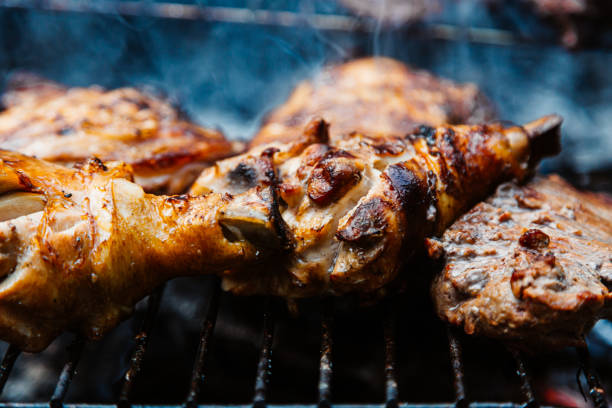 istock Close up fresh meat kebabs on skewers 1345831424