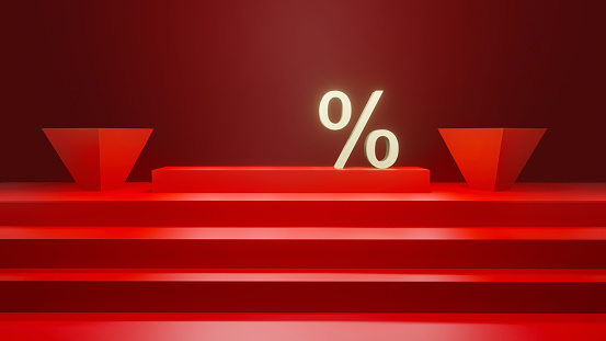 Percentage sign on the red background with product presentation platform. Podium stand with percentage sign