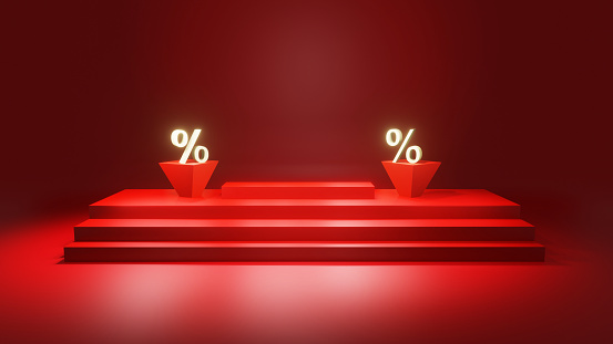 Percentage sign on the red background with product presentation platform. Podium stand with percentage sign