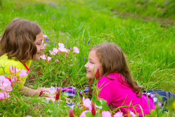 happy twin sister girls playing lying on spring flowers meadow