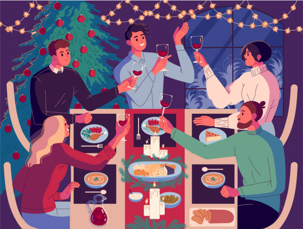 ilustrações de stock, clip art, desenhos animados e ícones de christmas dinner, a group of people at the table celebrating the new year - dinner friends christmas