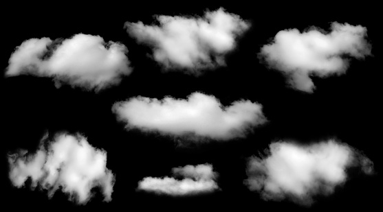 Collection of fog, white clouds or haze For designs isolated  on black background