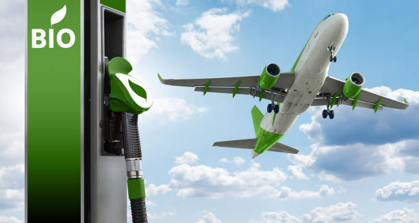 Plane and a gas station with the inscription BIO Plane and a gas station with the inscription BIO. Decarbonization concept low carbon economy photos stock pictures, royalty-free photos & images