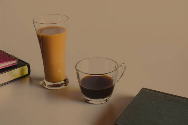 istock Coffee latte in tall glass and black coffee , rustic style and refreshment. 1345836724